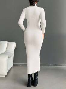 EURMUSE Turtleneck Ribbed Knit Sweater Dress Without Belt - White - View 2
