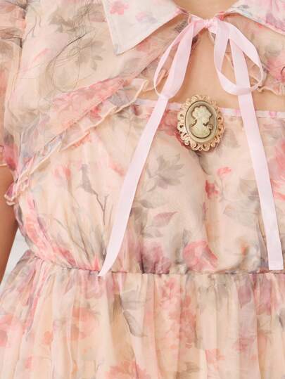 ROMWE EDITION Plus Size Retro Palace Romantic Doll Dress With Puff Sleeves, Satin Ribbon & Bow Decor 2 Pieces Set