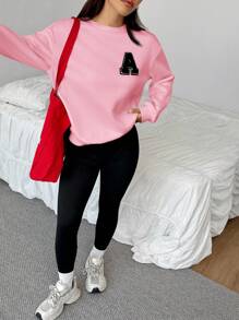 SHEIN EZwear 女款秋冬新款字母印花運動運動衫與緊身褲套裝 - 粉色 - 查看 6