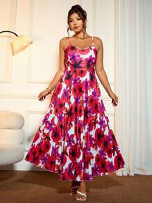 Allurite Plus Size Elegant Floral Print High-Low Hem Cami Summer Dress - Multicolor - View 1