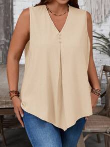 Rosumi Áo cánh không tay cổ chữ V màu trơn thiết kế đơn giản cho nữ cỡ lớn - Màu be - Xem 8