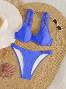 Swim Mod 2pcs/Set Women Solid Color Textured Knitted Fabric Adjustable Strap Padded Underwire Sexy Fashion Cute Bikini Swimwear For Summer Beach Vacation - Royal Blue - View 3