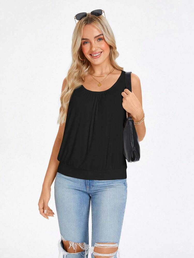 BOHO Solid Scoop Neck Casual Pleated Detail Tank Top