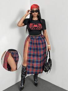 Maweii 大码长款格子高开叉休闲简约铅笔裙，适合通勤和度假 - 彩色 - 查看 1