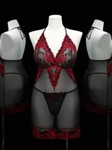 SHEIN Seduluxe Sexy Set in Große Größen mit Spitzeneinsätzen und transparentem Mesh, bestehend aus Kleid mit Bindedetail am Hals und G-String, 2-teiliges Set