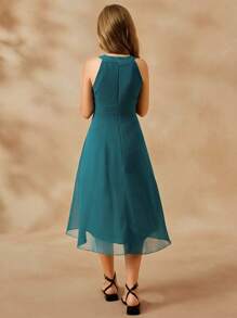 SHEIN Flower Girl Elegant Ball Gown Dress, Wedding Season Chiffon Small Ditsy Floral Halter Neck Midi Dress, Girls Luxurious Fashion Puffy Princess Dress Fall Winter