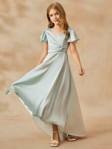 SHEIN Girls Big Tween Girl Bridesmaid V-Neck Short Sleeve Ruffle Hem High-Low Formal Dress, Fit For Weddings, Parties, Birthdays, Performances Fall Winter