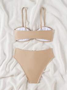 Swim Vcay 2pcs/Set Women's High-End Nylon Shiny Fabric Swimsuit With U-Neck Metal Decor Adjustable Straps, Bikini Set For Beach Holiday, Summer - Khaki - View 4