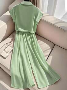 Franclia 优雅休闲纯色翻领短袖衬衫和阔腿裤女式两件套，适合大学生穿着 - 薄荷綠 - 查看 2