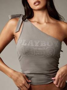 Missguided x Playboy 单肩不对称短款背心，肩部系带水钻装饰休闲俱乐部装夏季晚礼服上衣 - 深灰色 - 查看 6