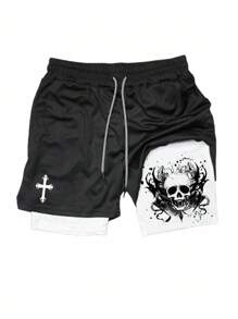 Manfinity Sport Corelite 男士十字印花短袖上衣和抽绳腰短裤运动套装 - 黑色 - 查看 3