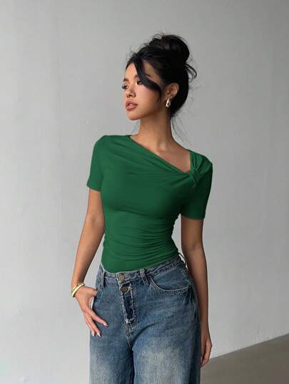 Siren Gaze Stylish Oblique Collar Short Sleeve T-Shirt, Designer Details, Slim Fit Top For Women, Summer New Arrival Green Casual Green Christmas