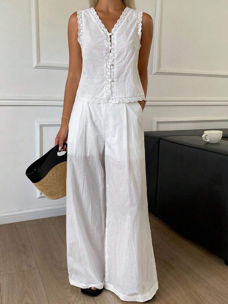 French Scallop Wave Embroidery Shell Buttons Tie Front V-Neck Sleeveless Blouse Top