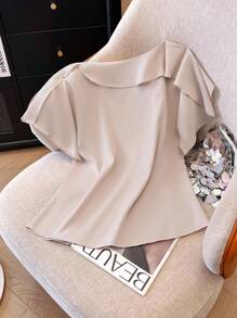 Franclia Blusa elegante de manga corta con volantes en el bajo, de estilo sencillo y unicolor, para uso casual y commuter de mujeres