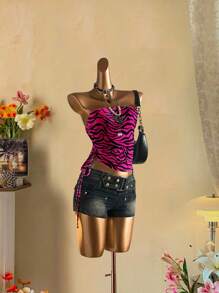 Attitoon 女士褶饰豹纹吊带背心，无袖 - 彩色 - 查看 7