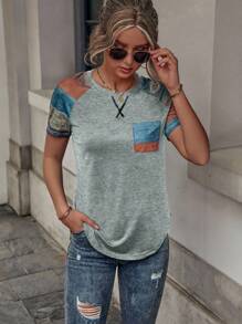 SHEIN LUNE Color Block Raglan Sleeve Patched Pocket Tee Graphic Tees Women Tops - Grey - View 3