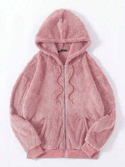 Franclia Women Plain Color Long Sleeve Zipper Collar Fleece Hooded Jacket Clothes For University Fall Winter Cloth For Women Pink Sherpa Hoodie Pink Teddy Bear Hoodie Pink Fuzzy Hoodie Women Zip Up Hoodie Women Pink Fluffy Pink Zip Up Hoodie