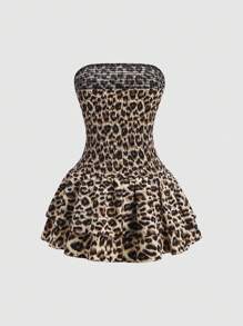 Sweetra Leopard Print Strapless Shirred Waist Ruffle Hem Dress - Apricot - View 2