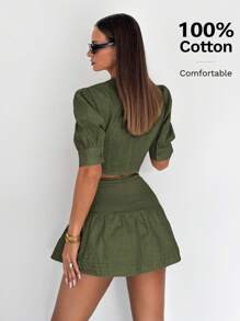 Siren Gaze Bộ áo tay bồng cài nút phía trước và chân váy mini 100% cotton cho nữ mùa hè - xanh quân đội - Xem 2