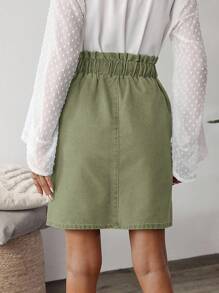 EMERY ROSE Women's Casual Solid Color Drawstring Waist Paper Bag Pocket Straight Denim Skirt, Summer