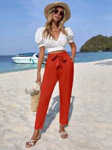 SHEIN Cottnline Solid Tie Front Tapered Trousers - Orange - View 4