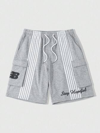 Street Life Herren Cargo Shorts mit Tunnelzug in Taille, Locker geschnitten mit Streifenmuster und Buchstabenprint