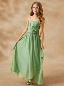 SHEIN Vestido formal elegante de flores para niña preadolescente, vestido de princesa de gasa verde con tirantes de espagueti y decoración floral 3D para vestido de dama de honor preadolescente, vestido de dama de honor junior verde salvia - Verde - Ver 5