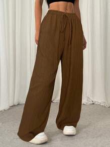 SHEIN EZwear Women's Casual Coffee Brown Textured Crinkle Pants