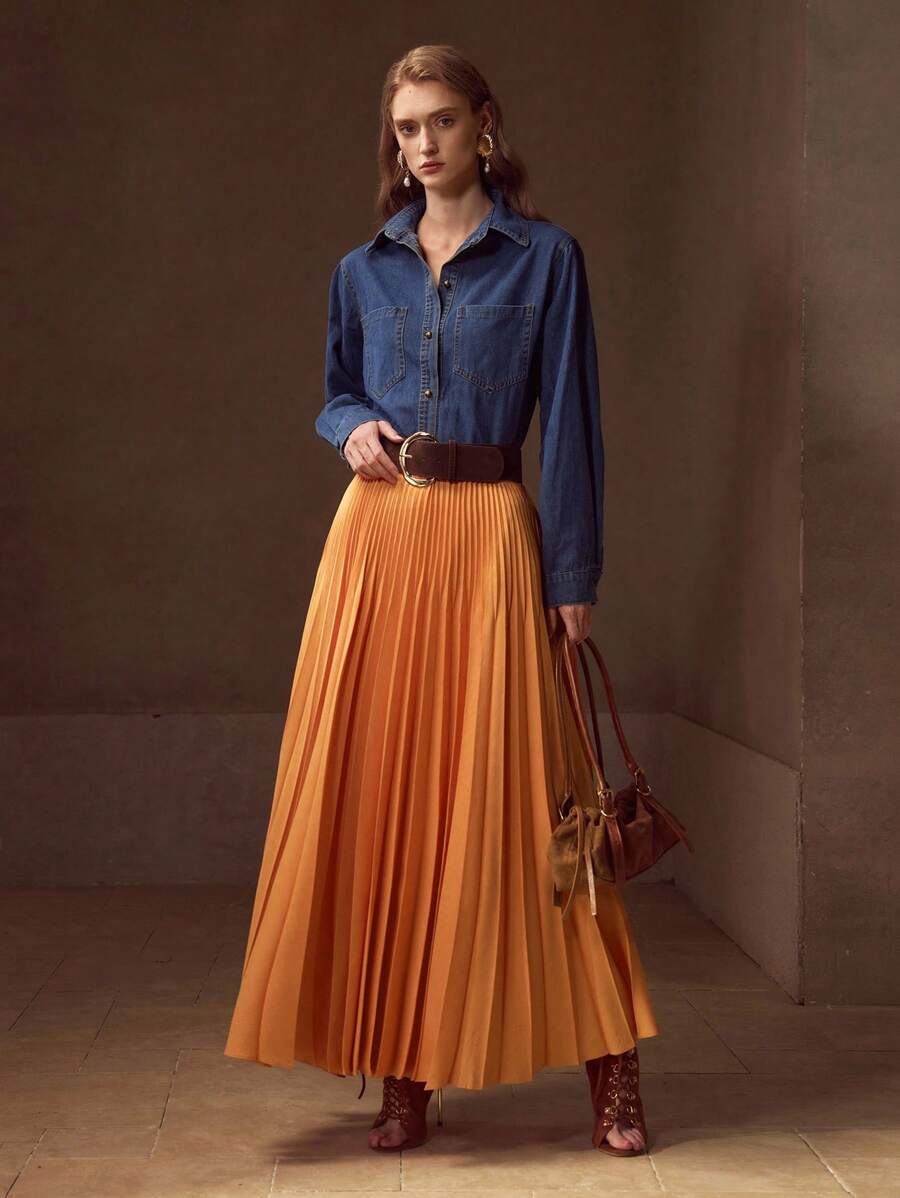 MOTF PREMIUM 女式防紫外线亮面雪纺褶裙 - 橘色 - 查看 1