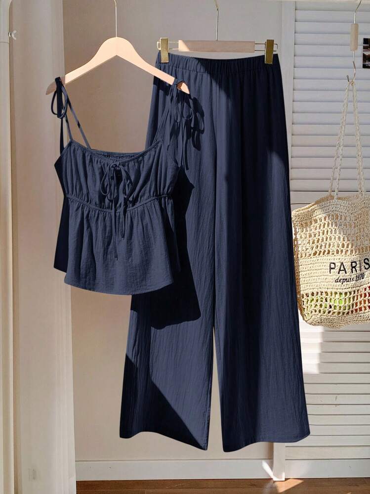 Comfortcana Conjunto de Camiseta Regata de Linho Azul Marinho Trançado e Calças Casuais de Verão - Azul Marinho - Visão 5