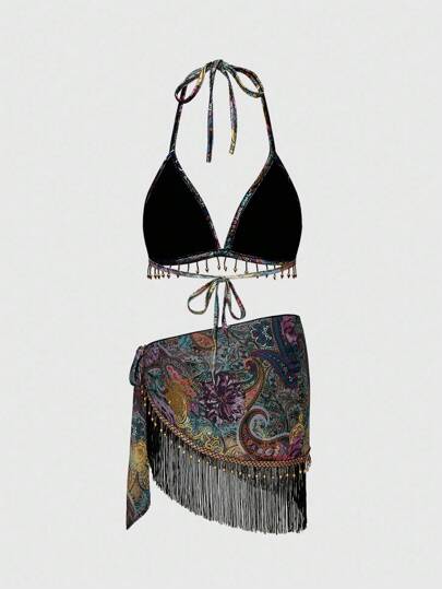 Hippie Women's Retro Hippie Western Music Festival Beaded Fringe Hem Paisley Print Tie Bikini 2 Pieces Swimsuit Set
