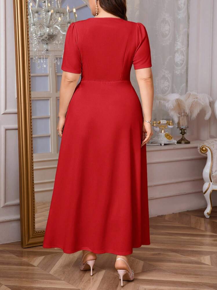 Vestido casual elegante de manga corta con pliegues y elástico suelto para tallas grandes de mujer, adecuado para citas, fiestas, primavera/verano - Rojo - Añade 2
