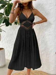 SHEIN Swim 女士度假休闲纯色镂空露背露背连衣裙夏季