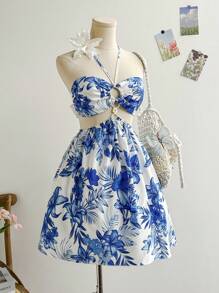 Soleia 女士热带植物印花露背性感迷你连衣裙