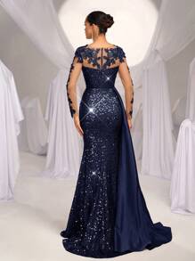 Glamrae 优雅奢华刺绣亮片蕾丝缎面褶皱高开衩鱼尾长裙，带拖尾，适合婚礼、派对、约会、舞会、宴会（装饰繁复）、情人节等场合。 - 藏蓝色 - 查看 3