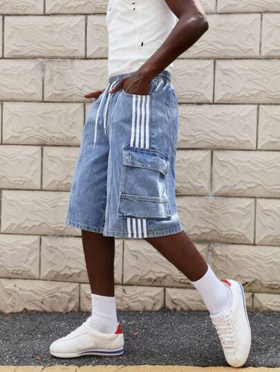 Prep Men's Casual Water Wash Patchwork Striped Side Seam Loose Denim Shorts, Summer