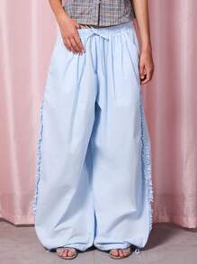 COUREZ 低腰荷叶边降落伞裤 / Y2K 夏季外出穿搭街头风夏季女装可爱 100% 纯棉复古 - 藍色 - 查看 2