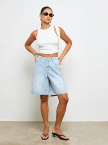 AiiRZ Premium Wide Leg Studded Denim Jorts Bermuda Length Casual Summer Festival Beachwear Y2K Retro High Waisted Knee Length Studded Embellishment