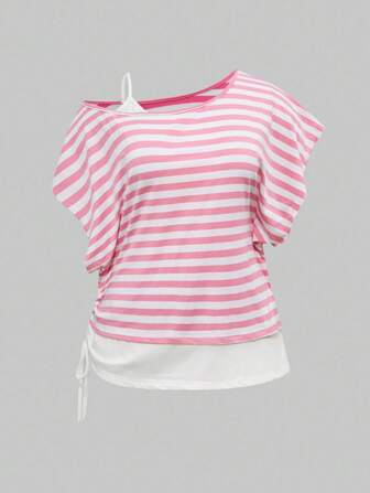 Dark Grunge Punk Asymmetric Shoulder 2 In 1 Loose Retro Striped Plus Size T-Shirt,Back To School
