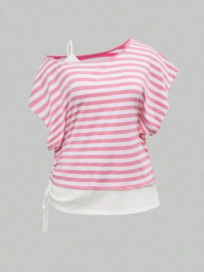 Dark Grunge Punk Asymmetric Shoulder 2 In 1 Loose Retro Striped Plus Size T-Shirt,Back To School