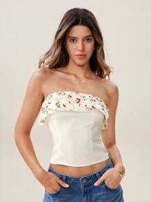 Chiquease Top corta casual y elegante de gasa con escote strapless, volantes en el bajo, lazo delantero y estampado de flores de cerezo para uso vacacional - Beis - Ver 1