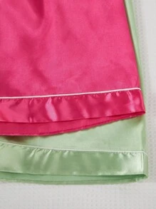 4pcs/Set Girls' Pink, Light Green And White Trim Pocket Faux Silk Short Sleeve Shorts Pajama Set, Sleepwear Back To School Clothes Travel Clothes Summer Fall Clothes Pajamas Sets Satain Lace Pajamas Sets - Multicolor - View 3