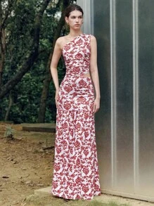 SHEIN Unity 2 件女式花卉印花不对称领无袖上衣和褶皱长裤套装 - 彩色 - 查看 6