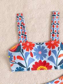 Swim Vcay Traje de baño de 2 piezas de mujer de cintura alta con pantalones cortos de impresión aleatoria, de correas anchas y ajustado, para verano, sexyi, de vacaciones y playa
