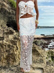 Opulessa Plain Color Beaded Embroidered Fabric Women's Skirt - White - View 6