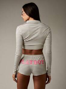 Missguided x Playboy Retro Style Ribbed Bunny Logo Striped Lounge Set With Collared Crop Top And High Rise Shorts