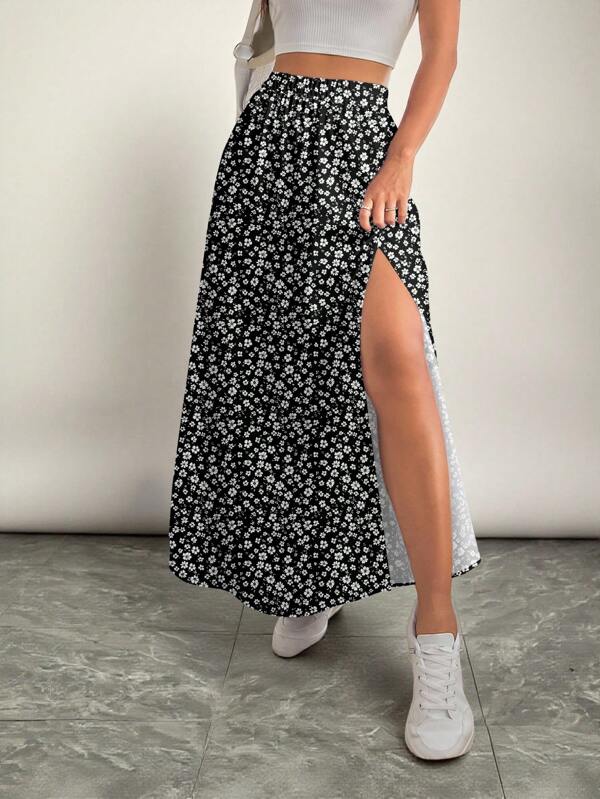 SHEIN VCAY Fustă de damă VCAY Plus Size, casual, alb-negru, cu talie elastică, cu crăpături, potrivită pentru primăvară și toamnă