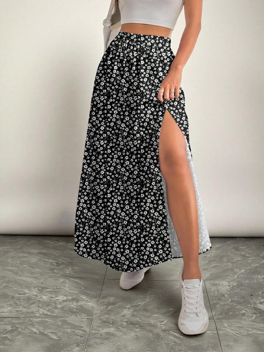 SHEIN VCAY Jupe casual à taille élastique avec fente à l'ourlet, motif floral noir et blanc, adapté pour le printemps et l'automne, pour grandes tailles