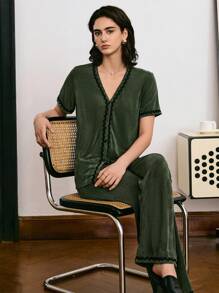 Women's Casual Minimalist Contrast Color Strap Short Sleeve Pants Pajama Set - Dark Green - View 3