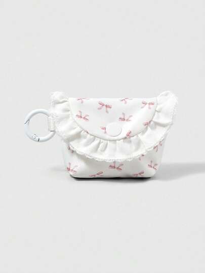 Kawaii Weiße Spitze, Perle & Schleife Muster Mini Münztasche, Kopfhörer Aufbewahrung